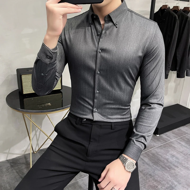 

Retro Texture Luxury Solid Color Formal Slim Fit Shirt 2023 Autumn Men's Long Sleeve Business Casual Shirt Club Party Shirt
