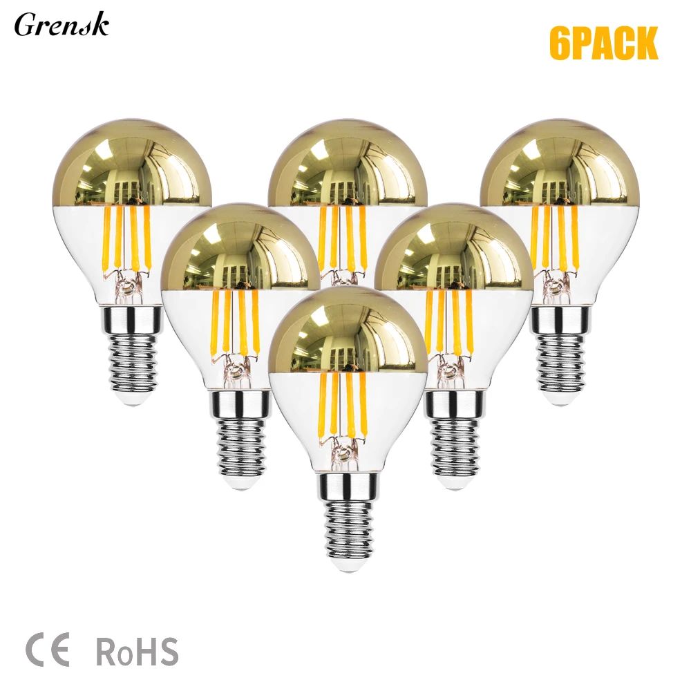 

6pcs Mirror Gold Retro Edison LED Light Bulb E14 E12 G45 4W Warm White Light Shadowless Bulb Vintage Filament Lampada LED Lamp