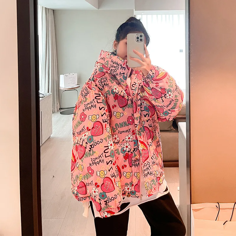 Parkas Women down Cotton-Padded Coat for Women Floral Short Bread Coat Loose Hooded Coat Winter Coat Women