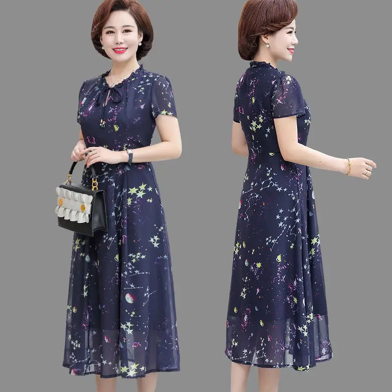 

Elegant Women Dress Female Casual Short Sleeve Floral Print Chiffon Long Dresses A-line Vintage Korean Clothing Vestidos E171