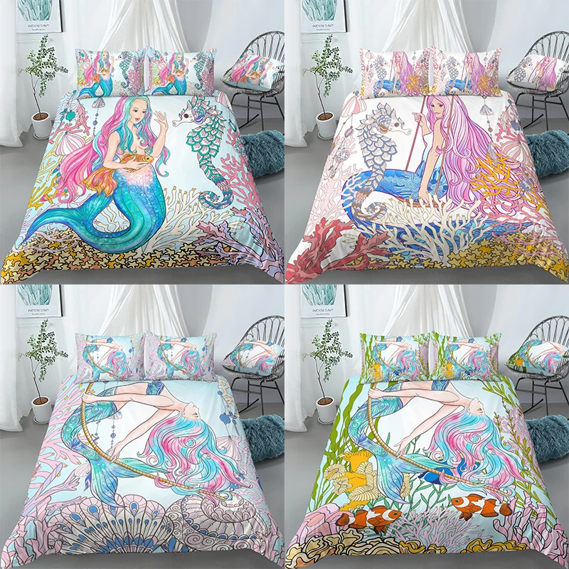 

Bedroom Textiles Bedding Set Luxury Duvet Cover For Baby Kids Children With Pillowcase Cartoon Mermaid Girls Quilt Cover