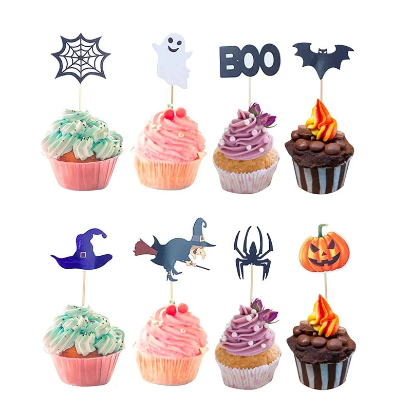 

48Pcs Halloween Cupcake Decoration Cartoon Ghost Witch BOO Cake Topper Kid Favors Cup Cake Topper Happy Halloween Party Supplies