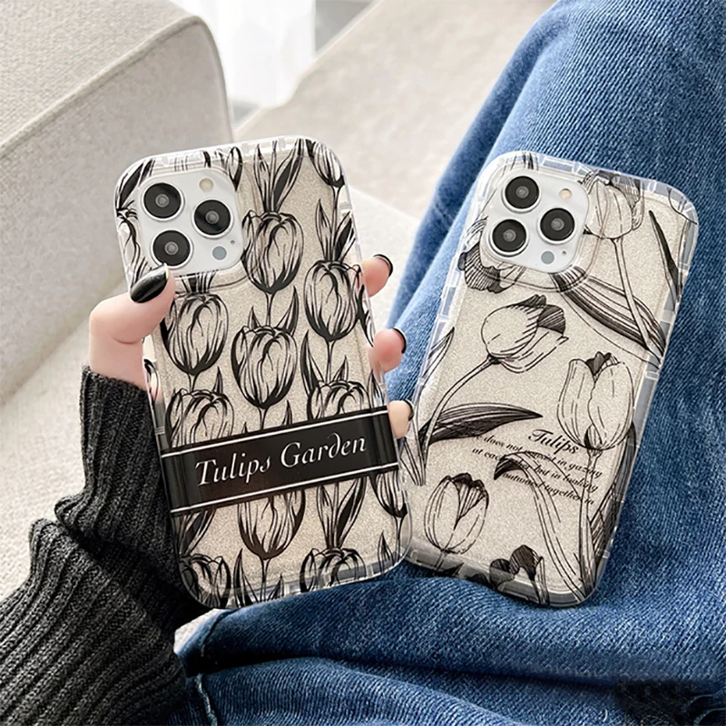 

Glitter Tulips Flowers Shockproof Silicone Case For iPhone 11 12 13 14 Pro Max 14 Plus Soft Transparent Phone Back Cover