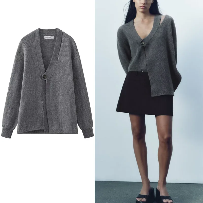 

TRAF Women Cut Out Knit Cardigan V-neck Long Sleeves Cardigan Casual Loose Sweater Coat Autumn New Fashion Jacket Y2k Streetwear