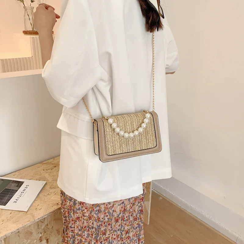 

Women's Bag Simple Straw Woven Pearl Handbag Niche High Fashion Single Slant Small Square Bag Crossbody Bags for Women