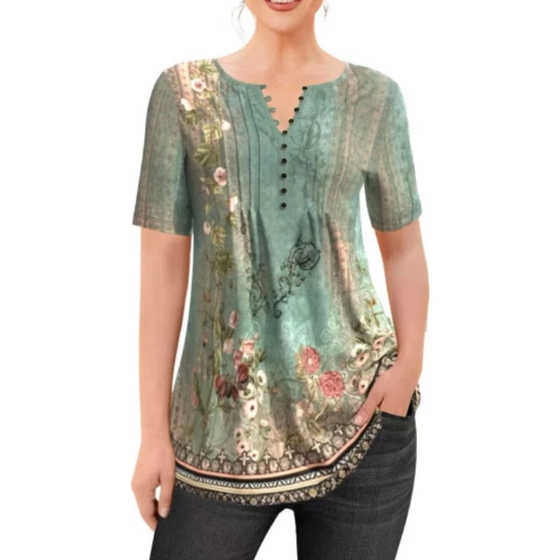 

Elegant Plant Flowers Print Loose Tees Ladies Summer Button Splicing V Neck Pullover Short Sleeve T-Shirt Women's Commuter Tops