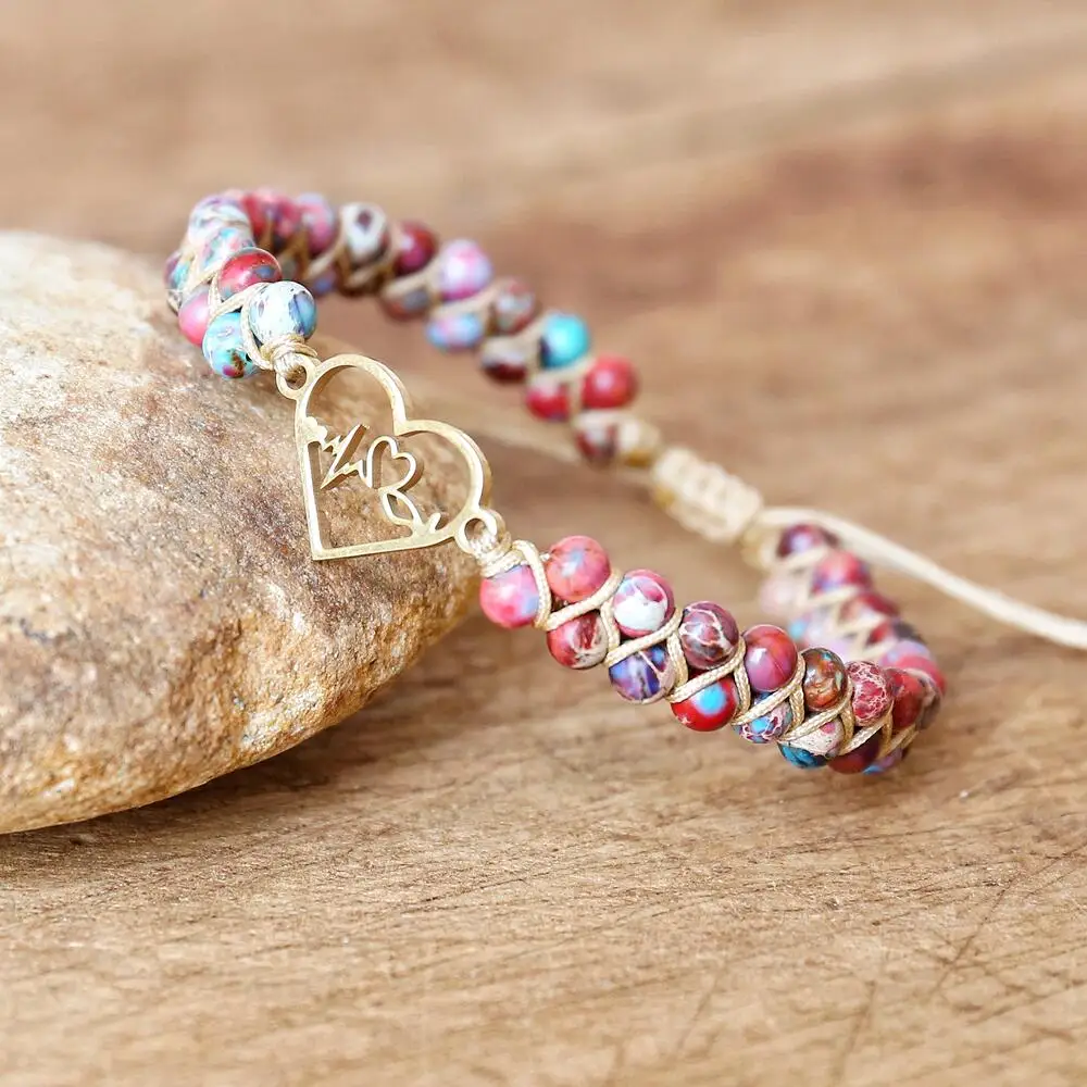 

Женский плетеный браслет с бусинами, двухслойный браслет с бусинами, 4 мм, в форме сердца, ювелирные изделия ручной работы