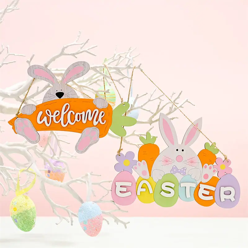 

1pcs Easter Pendant Decoration Wooden Alphabet Plate Decoration Easter Bunny Egg Pendant Home Charm Children Gift