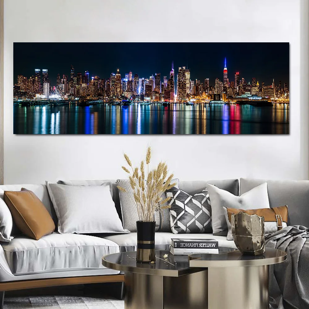 Пейзаж, Нью-Йорк, здание ночного вида, холст, живопись, плакаты и принты, Манхэттен, Настенная картина, домашний декор, без рамки