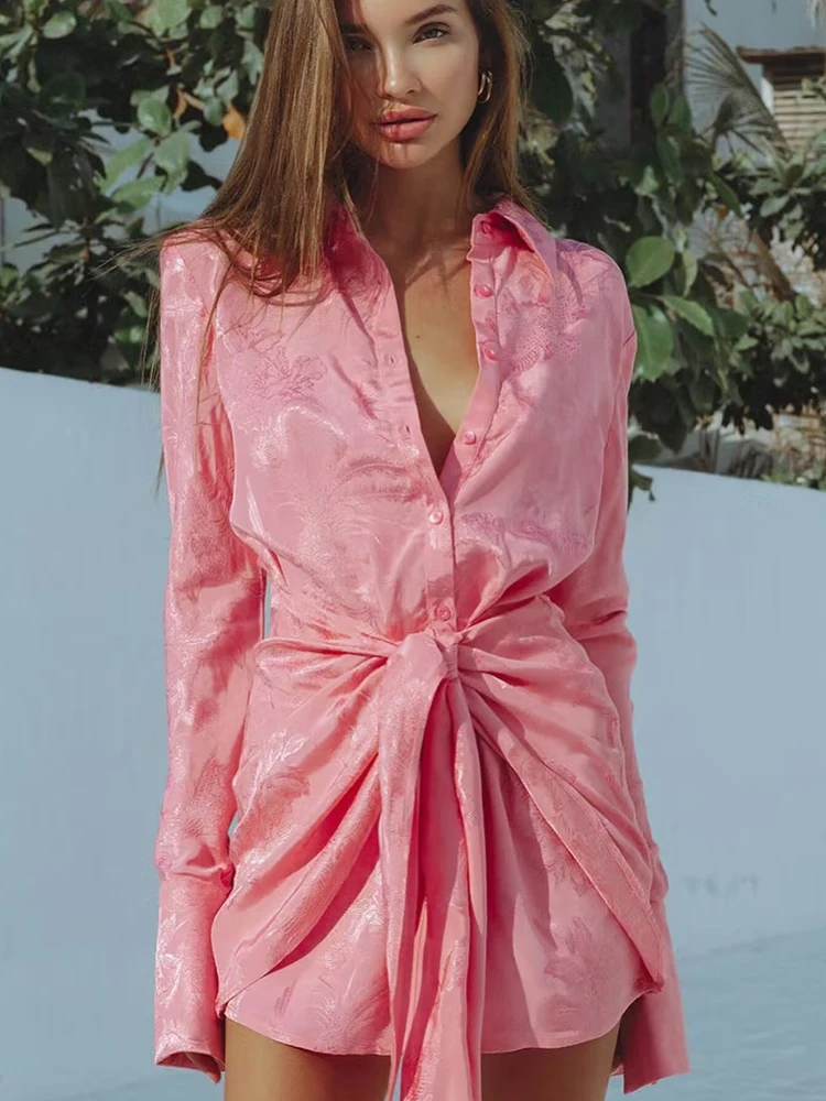 

PUWD Women Fashion Pink Jacquard Fabric Shirt Dress 2023 Spring Vintage Polo Neck Long Sleeve Female Dress Vestidos Mujer