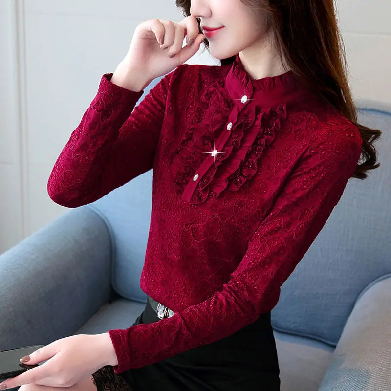 

Plus Size 5XL Autumn Winter Women Velvet Lace Bottoming Shirt Feminine Long sleeved Buttons Blusas Fungus Folds Tops Blouses