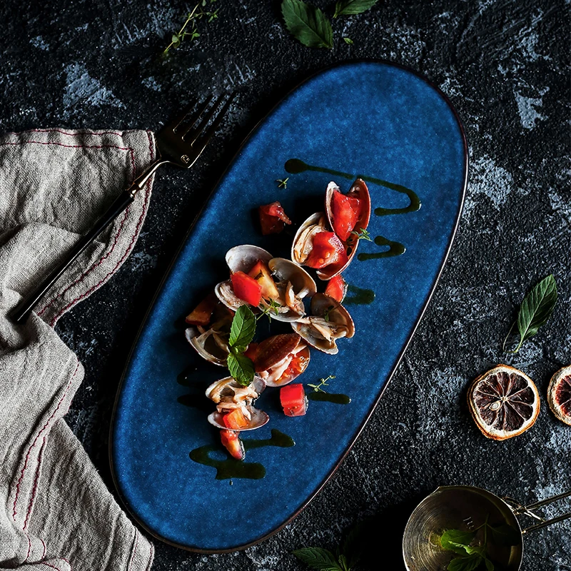 

1PC 12Inch Japanese Ceramic Deeep Blue SeriesSashimi Snack Sushi Dinner Plates Flat Oval Dish Set Tableware