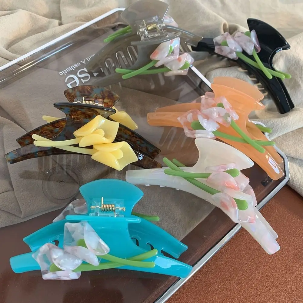 

Acetic Acid Calla Lotus Flower Hair Claw Headdress Ponytail Holder Double Sided Female Hair Accessories Barrettes Girls