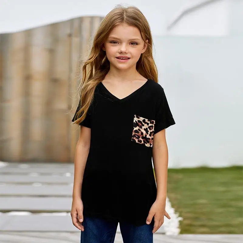 

Летние футболки для девочек, модные леопардовые детские топы в стиле пэчворк, повседневные футболки с коротким рукавом для детей, наряды дл...