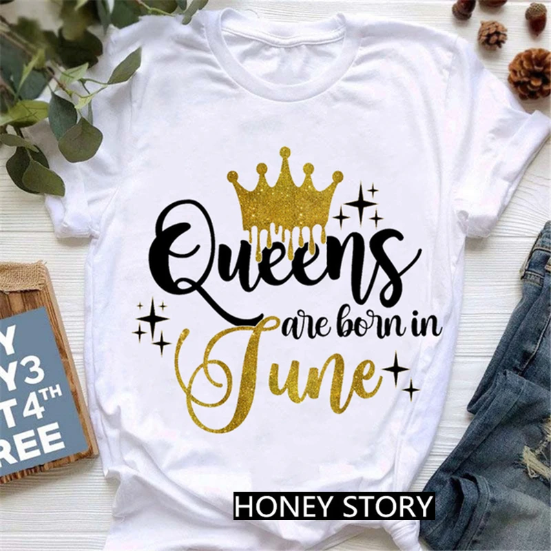 

Women'S Clothing Tshirt Golden Crown Queen Are Born In January To December Graphic Print T-Shirt Femme Birthday Gift Tops