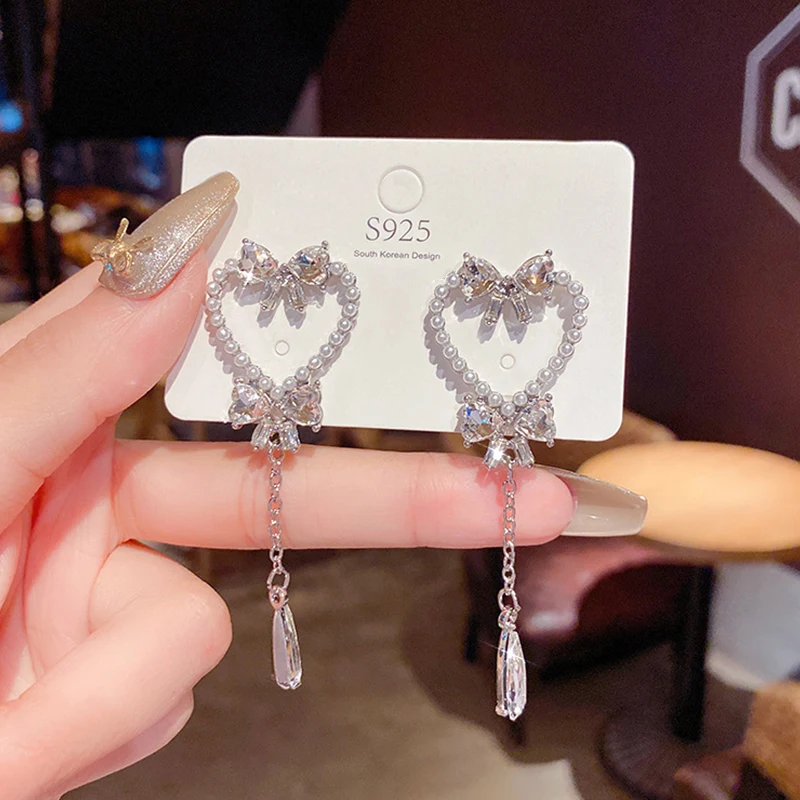 

New Elegant Geometric Heart Pearl Long Dangle Earrings for Women Delicate Crystal Party Pendientes Jewelry Gifts Drop Shipping