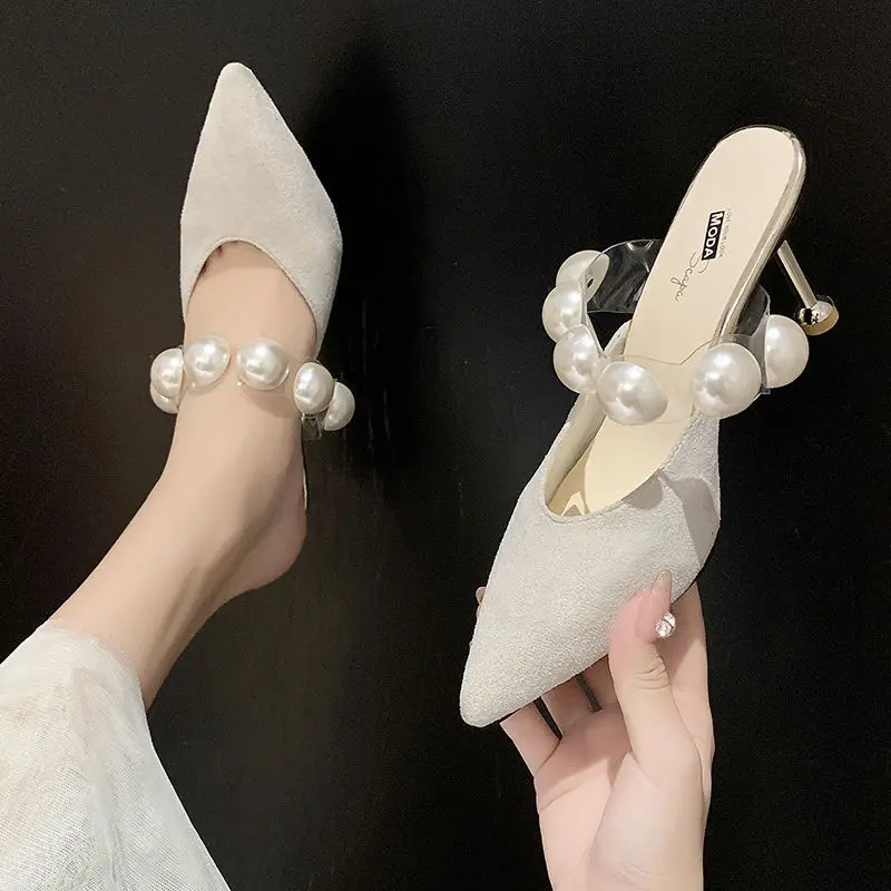 

Women Shoe Sandals Designer 2022 Pearl Strap Fairy Pointed Luxury Thin High Heels Pumps