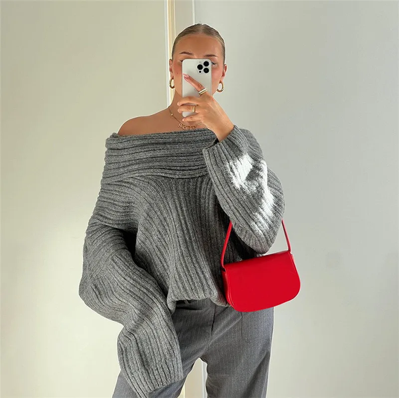 

Gtpdpllt Oversized Knitted Sweater Grey Irregular Off Shoulder Long Sleeve Top for Women Pullovers Winter Comfy Jumper