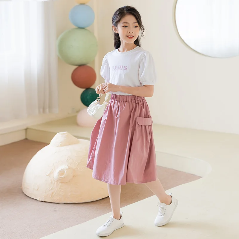 

School Girls Outfits Short Sleeve T-shirt Pink Skirt Two Pieces Teen Children's Clothing Set 2023 Summer Casual Costume for Kids