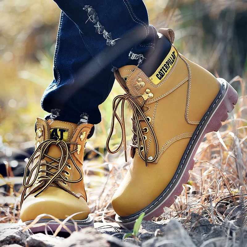 Couple's Leather Tooling Shoes Steel Head Impact Resistant Plush Wear-Resistant Outdoor Sports Lace Up For Men Hiking Sneakers