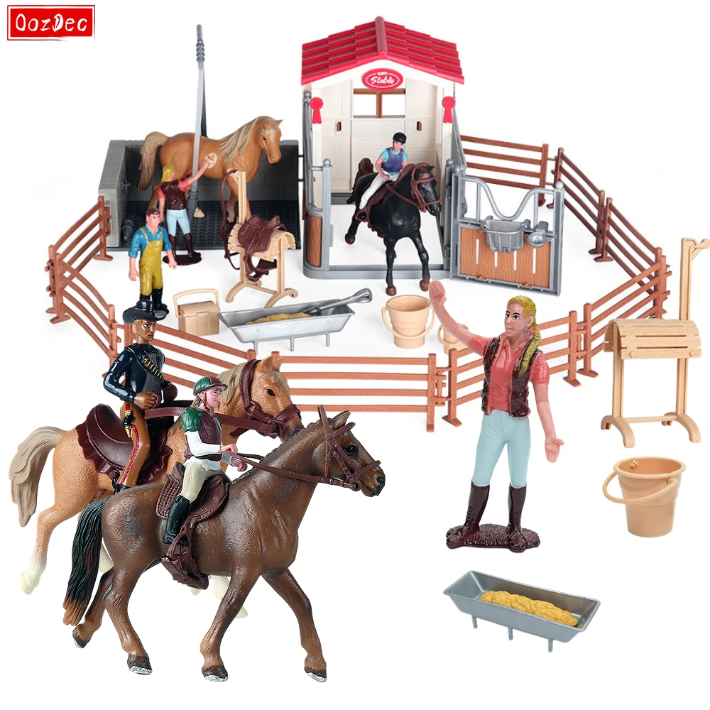 

OozDec Farm Stable House Model Action Figures Emulational Horseman Horse Animals Playset Figurine Cute Educational Kids Toy Gift