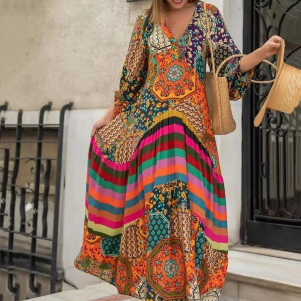 

V-Neck Lantern Sleeve Pleated Maxi Dress Retro Ethnic Print Large Hem Beach Long Dress Female Clothing