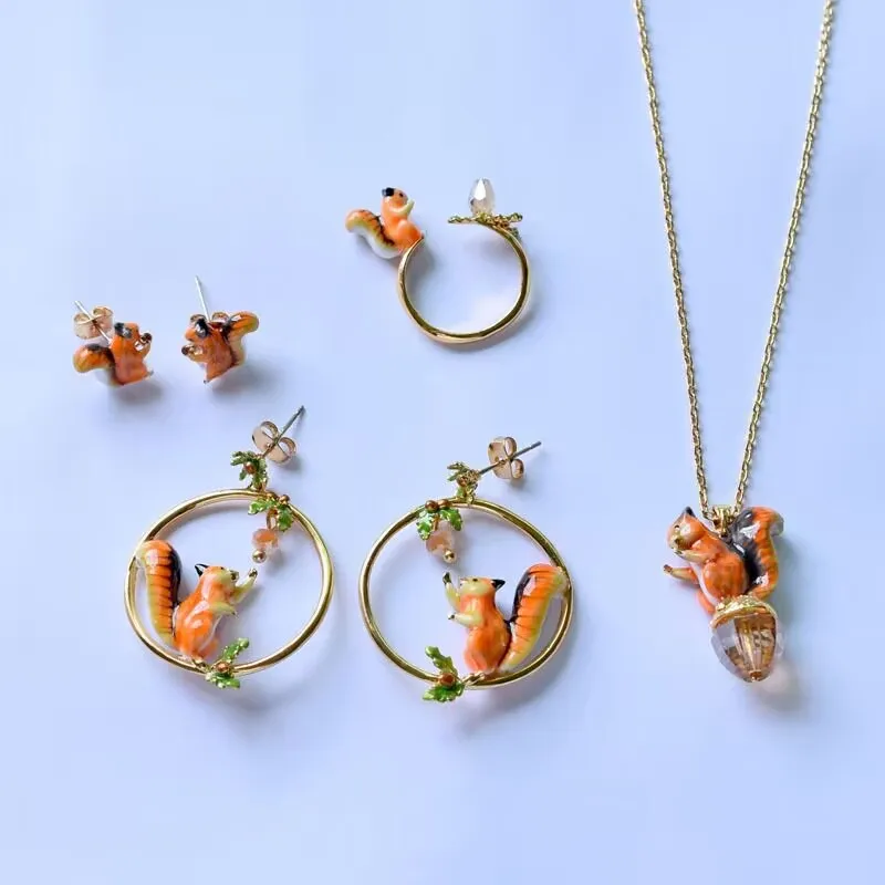 

Unique Enamel Cute Squirrel Daily Temperament Earrings Necklace Set