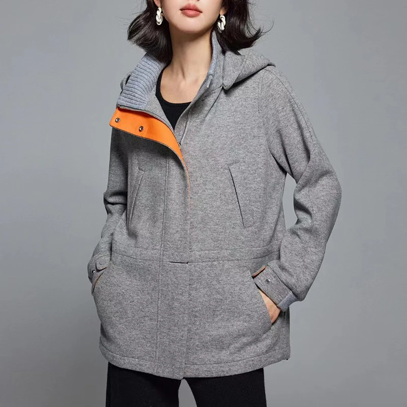 Женская куртка с воротником-стойкой шерстяная в стиле старого монет высокое