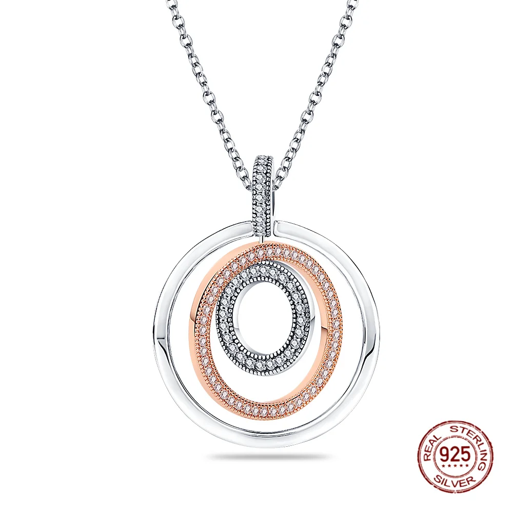 Silver 925 Two-Tone Multi-Ring Pendant Necklace For Women Jewelry Women Neck Chain Fit Original Pandora Pendant Necklace