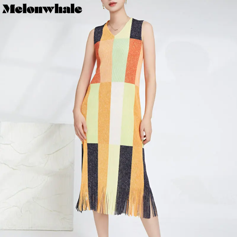 

MelonWhale Women Plaid Pleated Vintage Casual Dress Tassels New V-Neck Sleeveless Loose Fit Fashion Tide Spring Summer 2023