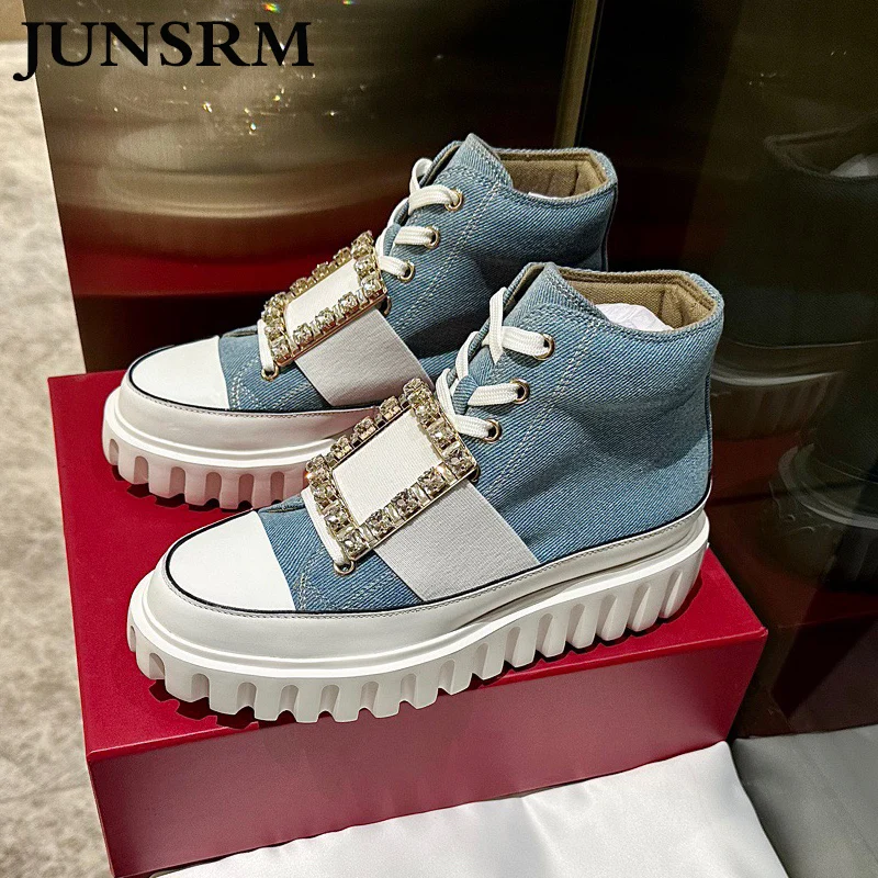 

Winter New Rhinestones Buckle Canvas Shoes Thick Sole Height Increase Lace-up Slip-on Casual Shoes High-top All-match Loafers