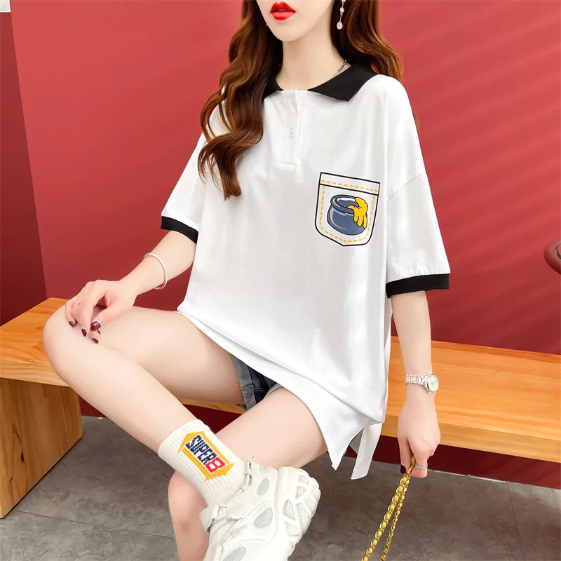 

2022 Summer New Fashion POLO Collar Short-sleeved Personalized Printing Heavy Industry T-shirt Women