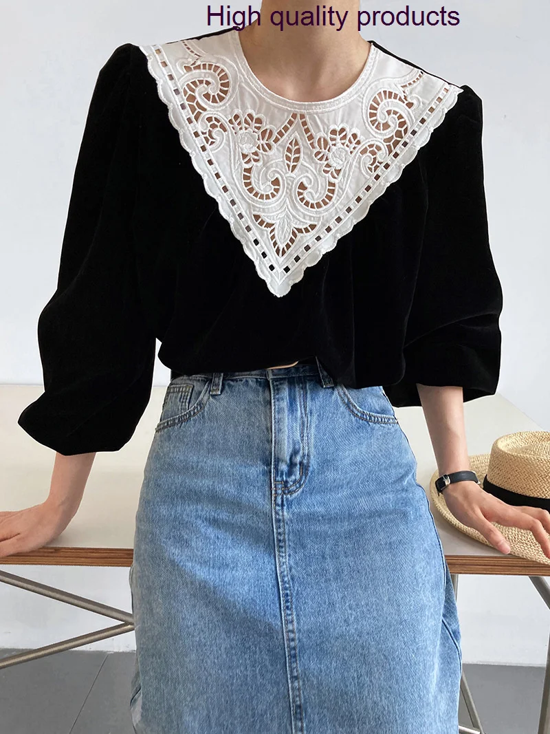 

2023 Spring Court Style Lace Chic Top Black Velvet Puff Sleeve Pullover T Shirt Z232