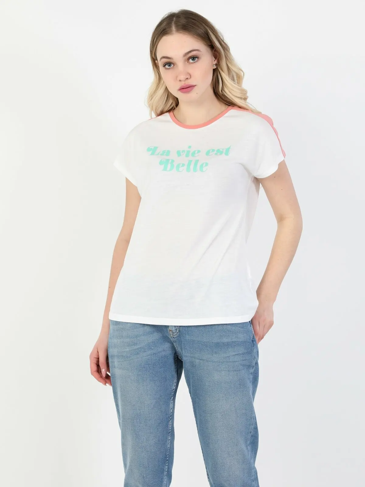 

Colins Woman Regular Fit Off White Short Sleeve Tshirt Women's Tshirt Fashion Woman Tshirts,CL1047780