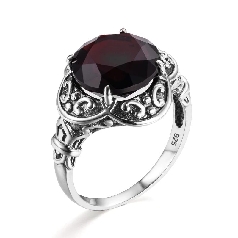 

Byzantine Style Female Ring Garnet 925 Sterling Silver Engagement Wedding Band Ring for Women Medieval Pattern