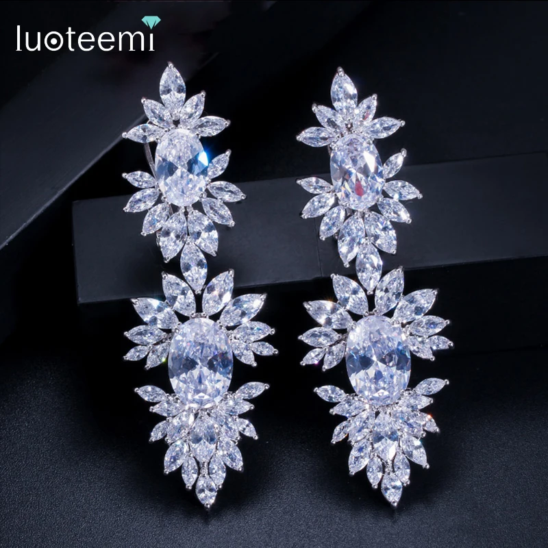 

LUOTEEMI Fashion Cubic Zirconia Long Dangle Earrings for Women High Quality Luxury Wedding Bridal Stunning Party Accessories