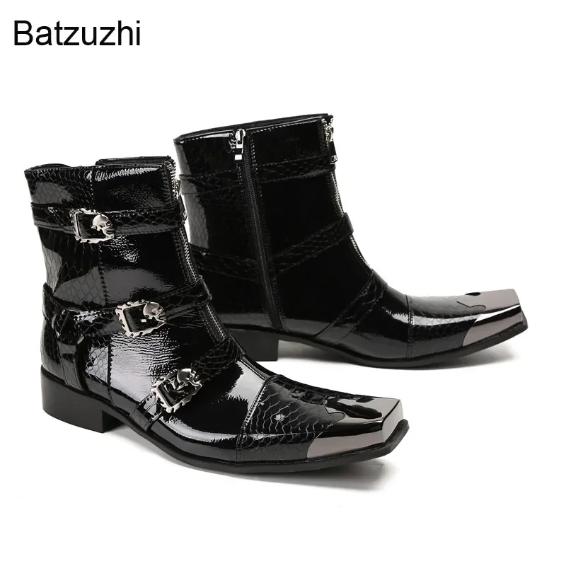 Batzuzhi Черные кожаные мужские ботинки в стиле панк-рок Мужские с квадратным носком