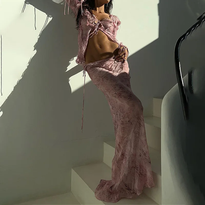 APIPEE Принт Зеленый Y2K Сетчатый топ с длинными рукавами Рубашки Зеленая и