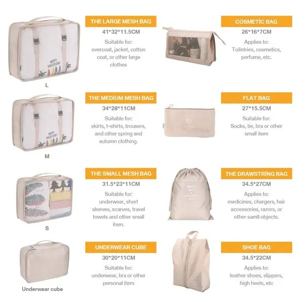 8PCS Set 6 Colors New Style Packing Cubes Easy Travel Luggage Organiser Waterproof Bags Compression Pouches Clothes Suitcase Org