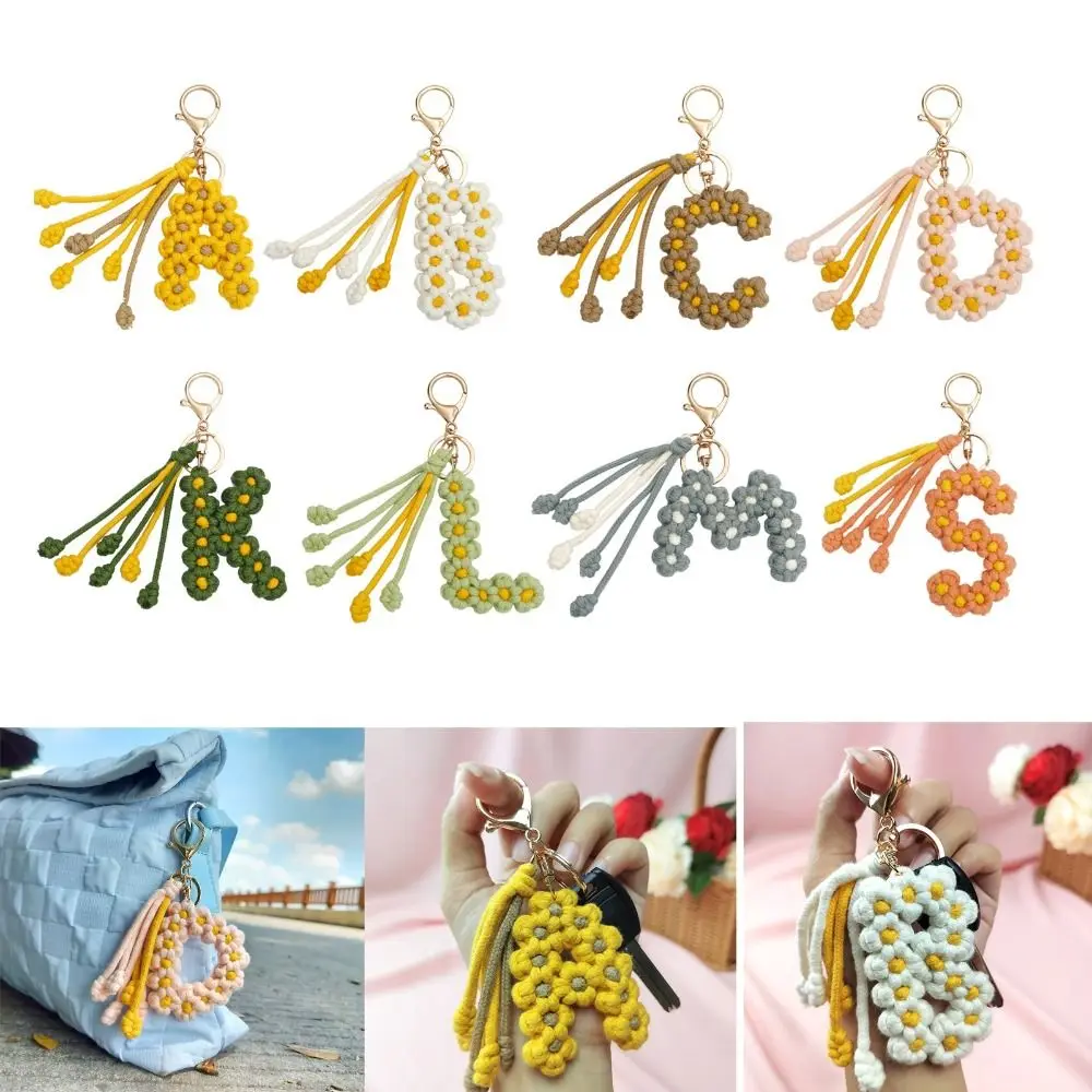 

Letter A B C D S M Macrame Daisy Keychain Initials Alphabet HandWoven Tassel Alphabet Pendant Flower Simple DIY