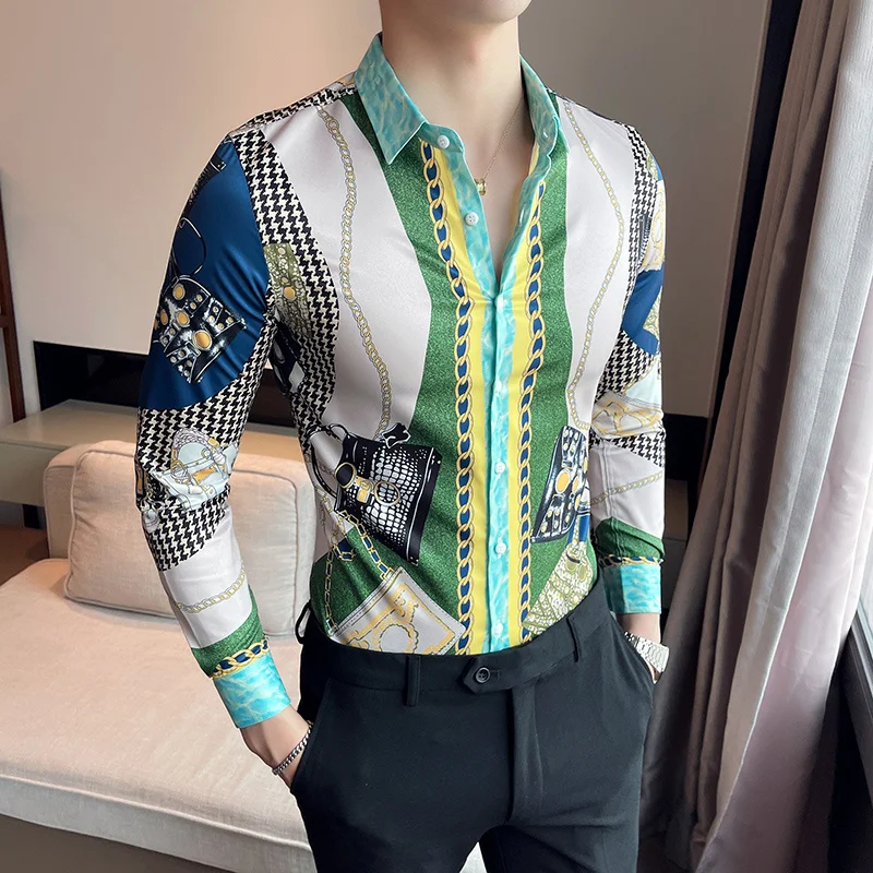 

2023 Fashion Green Printed Shirt Men Long Sleeve Slim Fit Casual Shirt Social Party Nightclub Clothing Camisa Masculina S-4XL