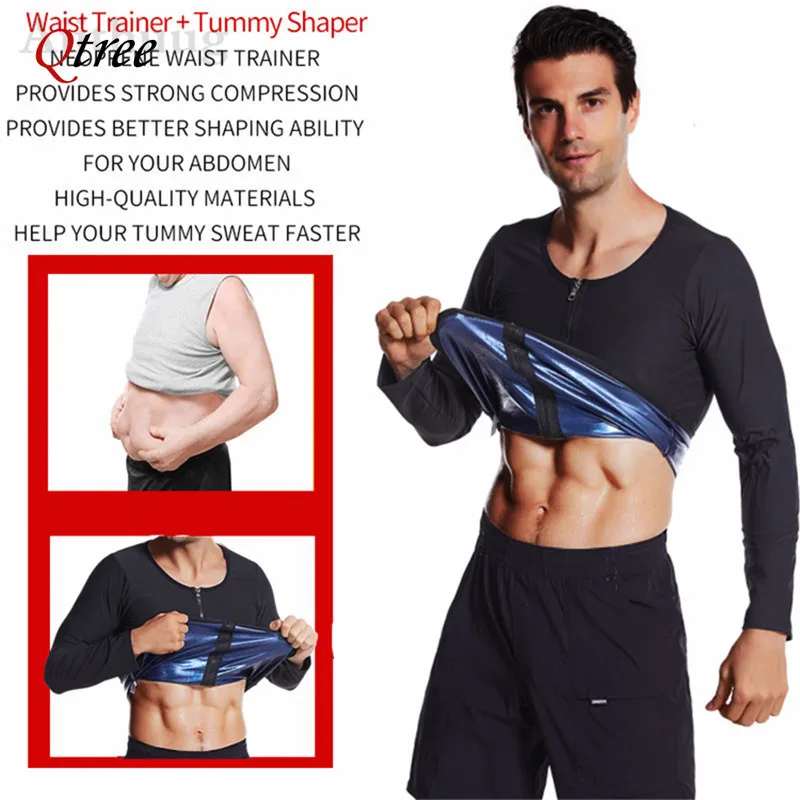 Sauna Waist Trainer for Men Weight Loss Sheath Long Sleeves Tops Sweat Shapewear Shirt Slimming with Zipper Thermal Body Shaper