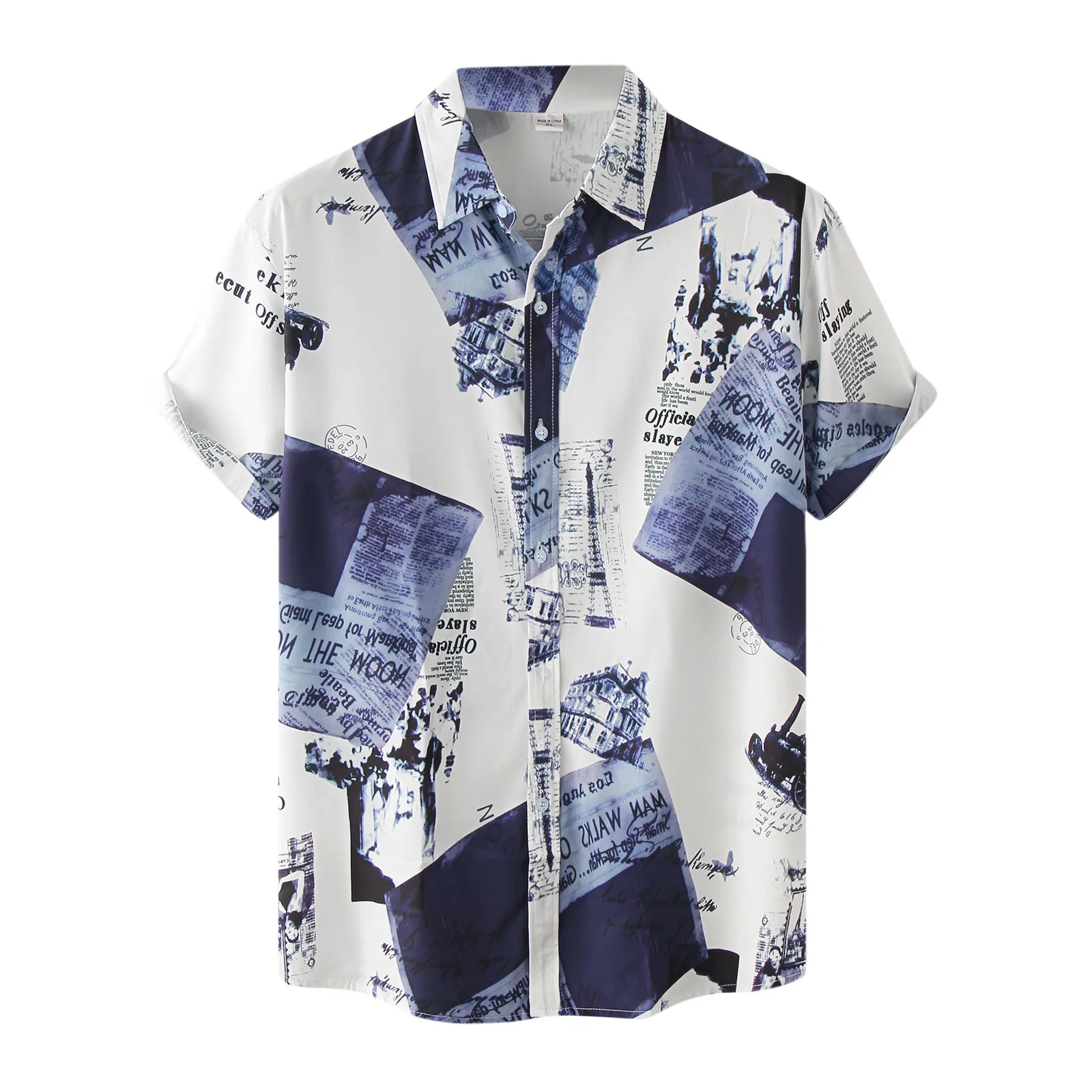 

Мужская летняя рубашка с коротким рукавом, отложным воротником и принтом газет