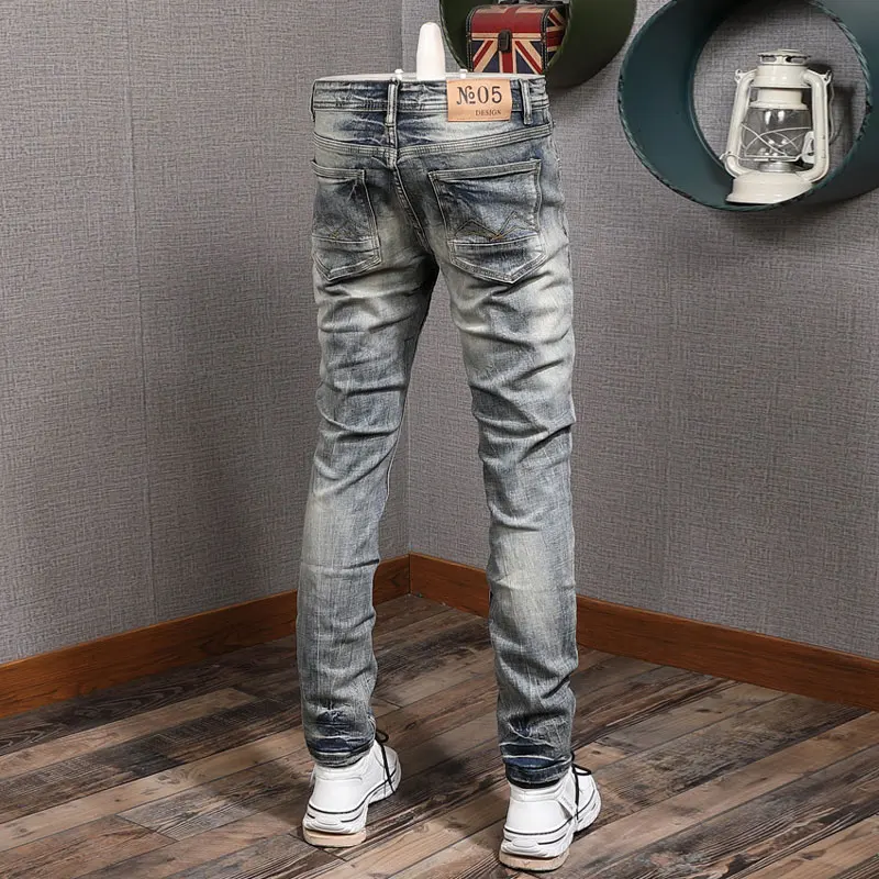 Fashion Vintage Men Jeans Retro Washed Gray Blue Elastic Slim Fit Ripped Jeans Men Trendy Patched Designer Denim Pants Hombre