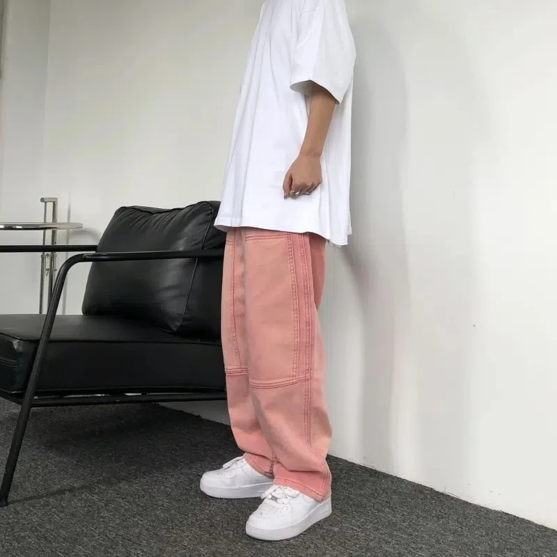Korean Version Fashion Personality Street Loose High Waist All-Match Men Straight Pants Light Pink Washed Denim Casual Trousers