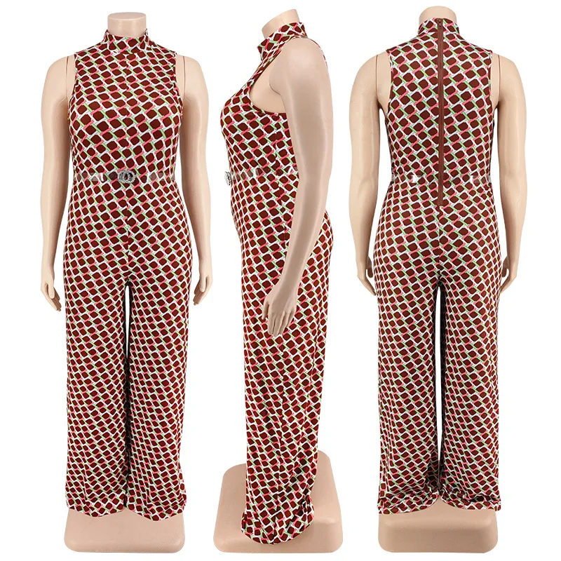 Plus Size One Piece Women Clothing Plaid Sleeveless Belt Casual Outfit Lady Wide Leg Pants 2023 Spring Female Fashion Jumpsuit
