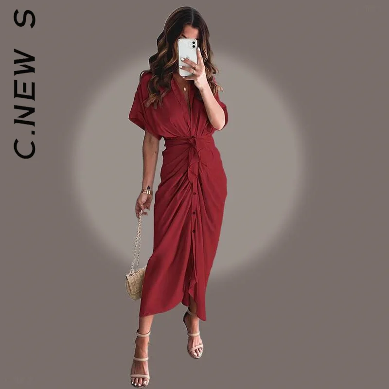 C.New S Half Sleeve Button Sash Maxi Long Dress Ruched Elegant Women Causal Shirt Satin Dress Party Dress Gold Dress Autumn images - 6