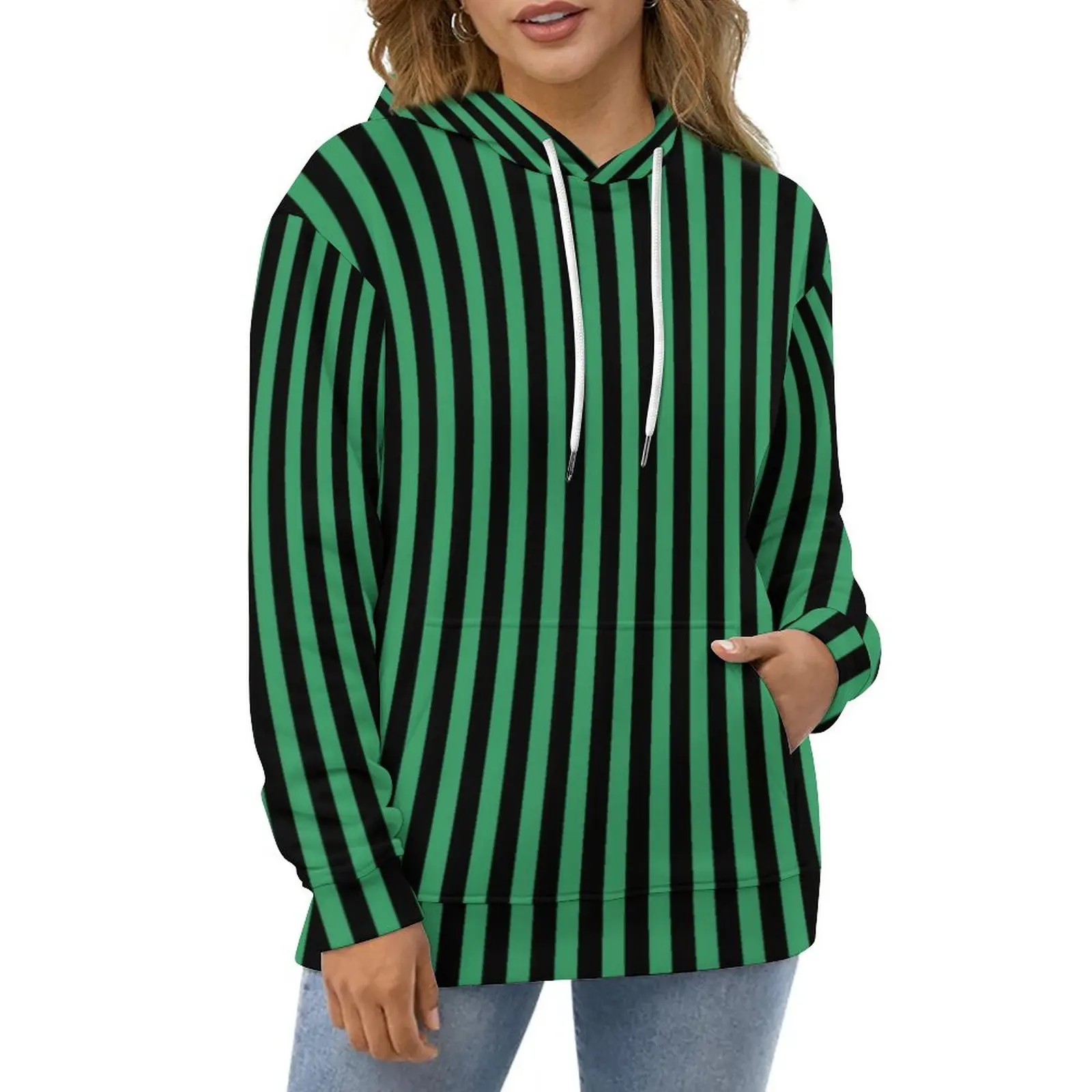 

Candy Striped Hoodies Womens Green and Black Classic Casual Pullover Hoodie Long Sleeve Aesthetic Custom Hooded Sweatshirts