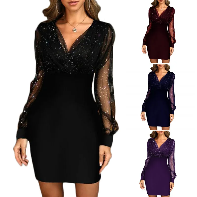 

Mesh V-neck sequin long sleeve dress slim dress woman