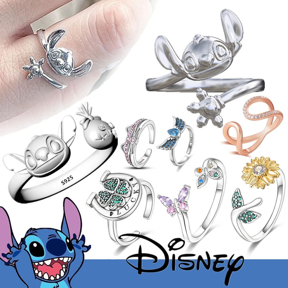 925 Sterling Silver Disney Lilo Stitch Rings for Woman Daisy Feather Wing Sunflower Pet Print Butterfly Ring Anniversary Gift